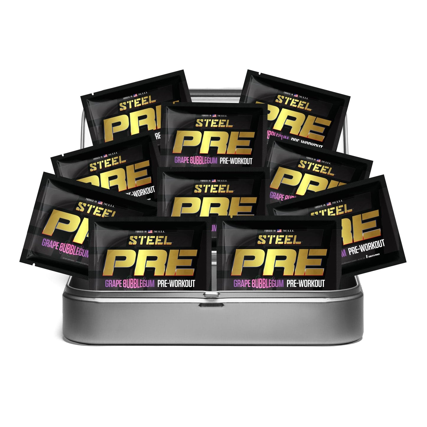 The Steel Supplements Sample Travel Kit (10 Sample Packets) / Bubble Gum PRE Sample Packets